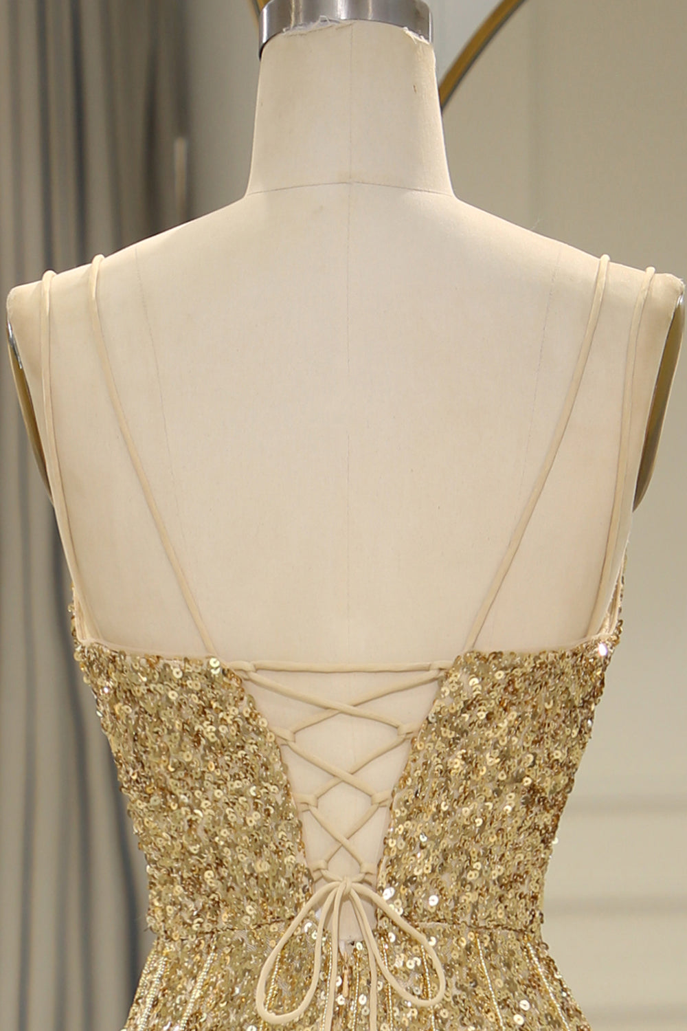 Golden Sequins Long Prom Dress with Bling Mermaid Spaghetti Straps and Split Front