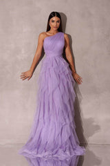 Chic One Shoulder Sleeveless Long Formal Dress With Tulle Ruffle