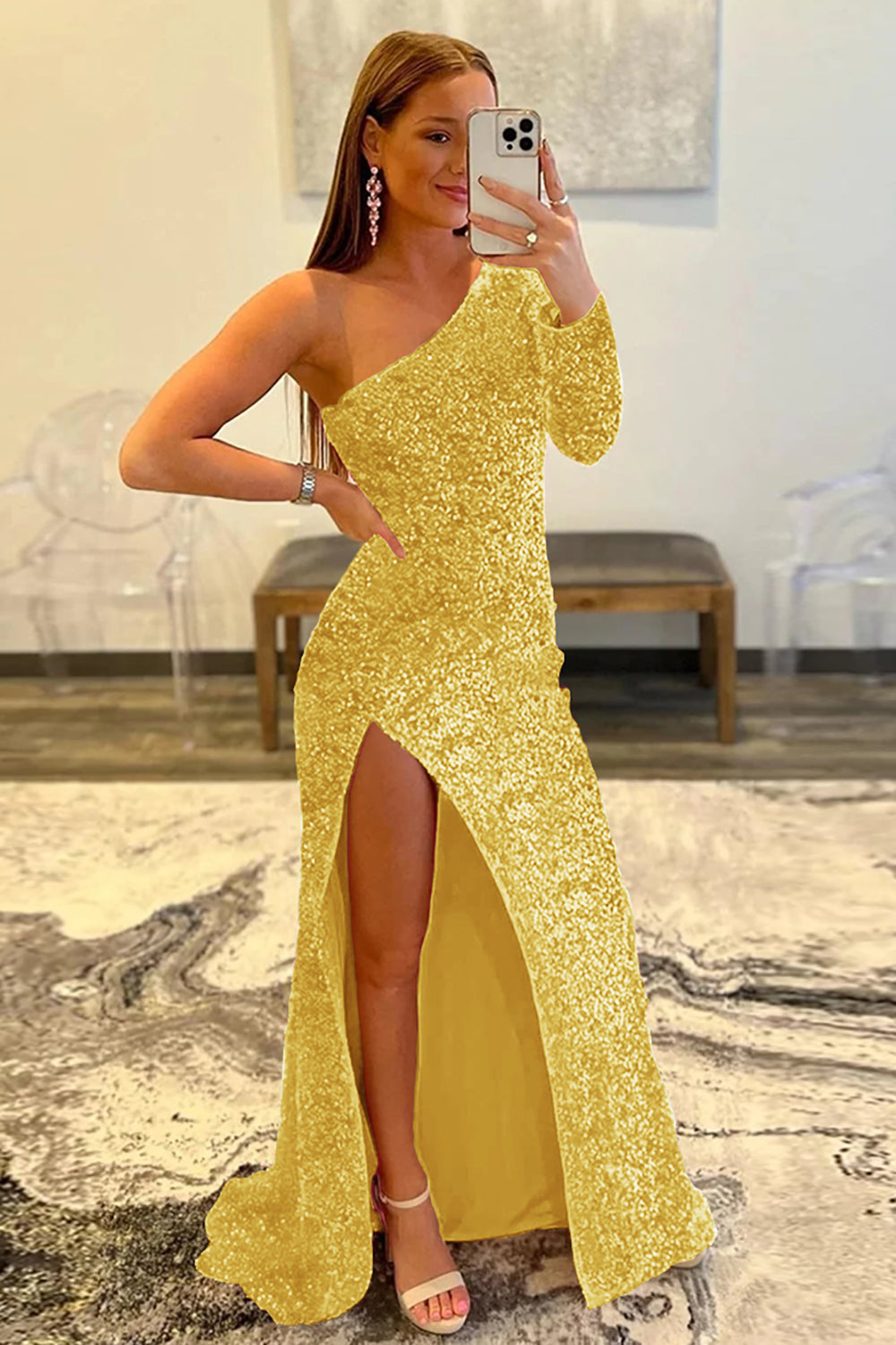 Sequined Prom Dress with a Single Shoulder in Pink