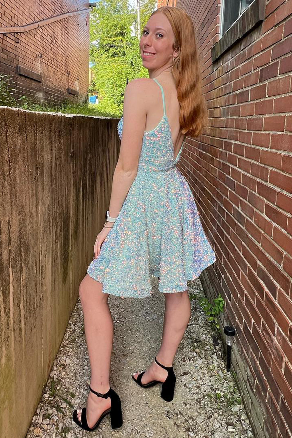 Light Blue A-Line Backless Sequins Homecoming Dress/Mini Dress