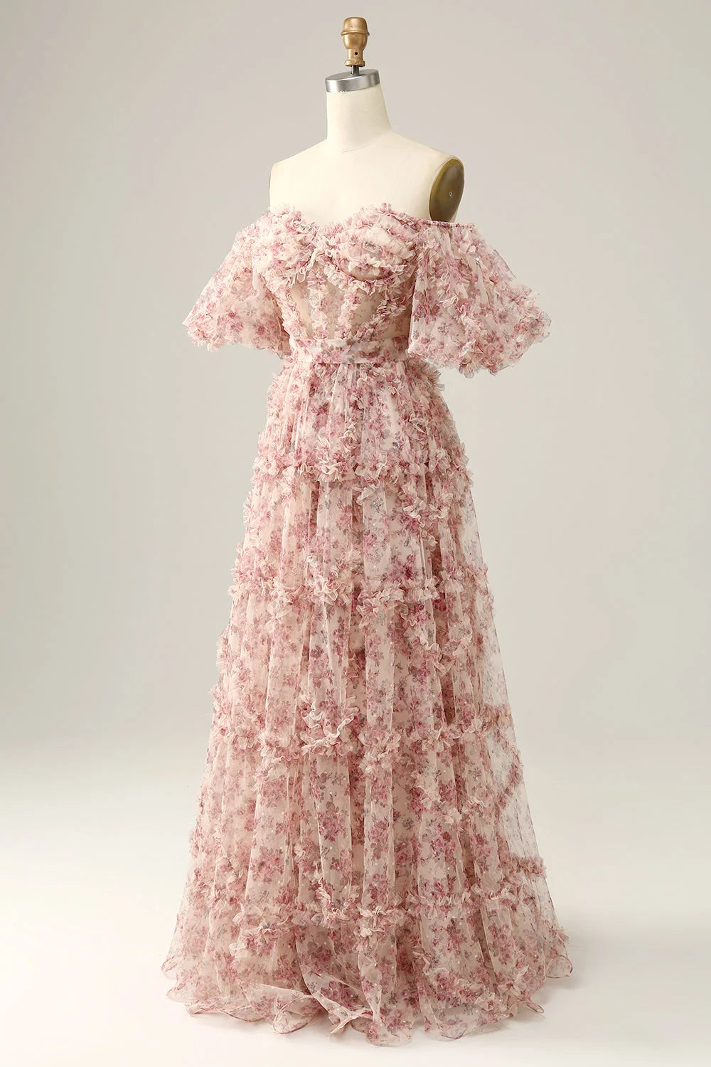 Elegant Off-the-Shoulder Pink Floral Corset Prom Dress with A-Line Silhouette and Sweep Train