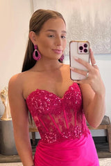 Long Prom Dress in Sparkly Hot Pink with Corset and Slit
