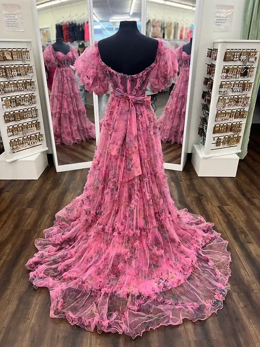 Elegant Off-the-Shoulder Pink Floral Corset Prom Dress with A-Line Silhouette and Sweep Train