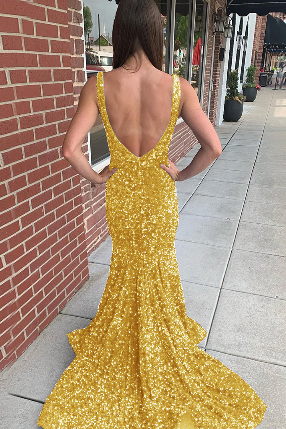 Long Prom Dress with Sequins in Mermaid Blue V-Neck