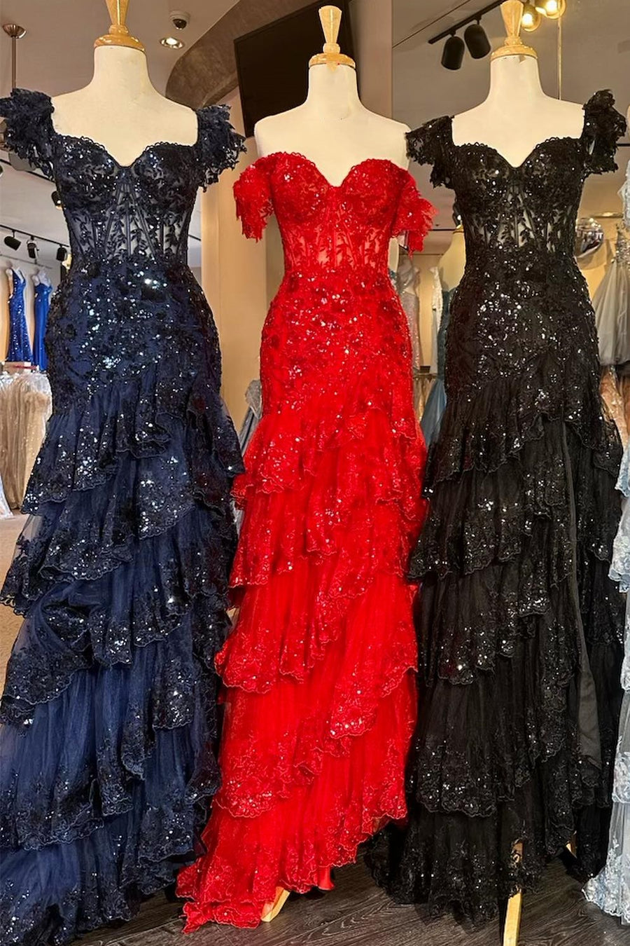 Long Red Prom Dress with Lace in an Off-the-Shoulder A-Line Design