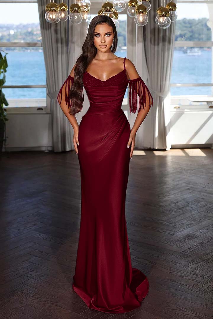 Luxury Hot Pink Spaghetti Strap Mermaid Long Evening Dress With Chic Tassels and Sequins