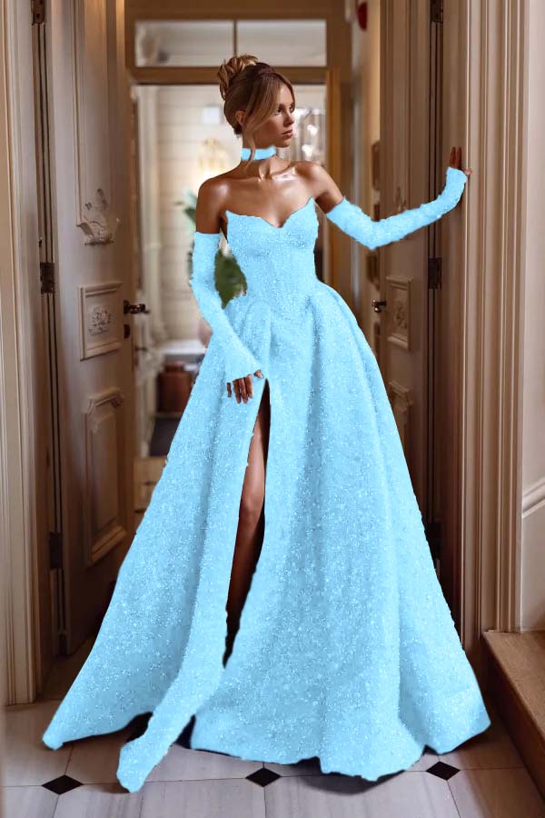 Strapless Sleeveless Long Split Formal Dress With Sequins Detachable sleeves