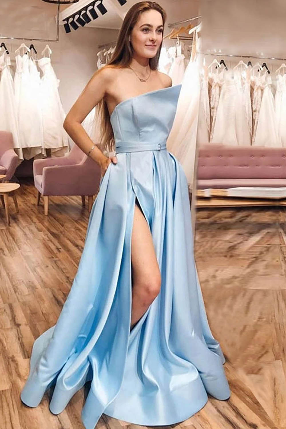 Long Blue Strapless Prom Dress with a Slit in A-Line Style