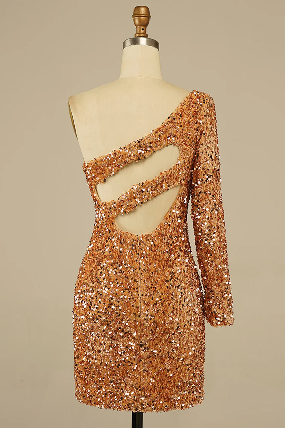 Golden Cut Out Open Back One Shoulder Sequins Homecoming Dress/Mini Dress