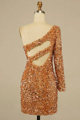 Golden Cut Out Open Back One Shoulder Sequins Homecoming Dress/Mini Dress