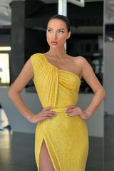 Yellow Mermaid One-Shoulder Evening Dress Sequins Split