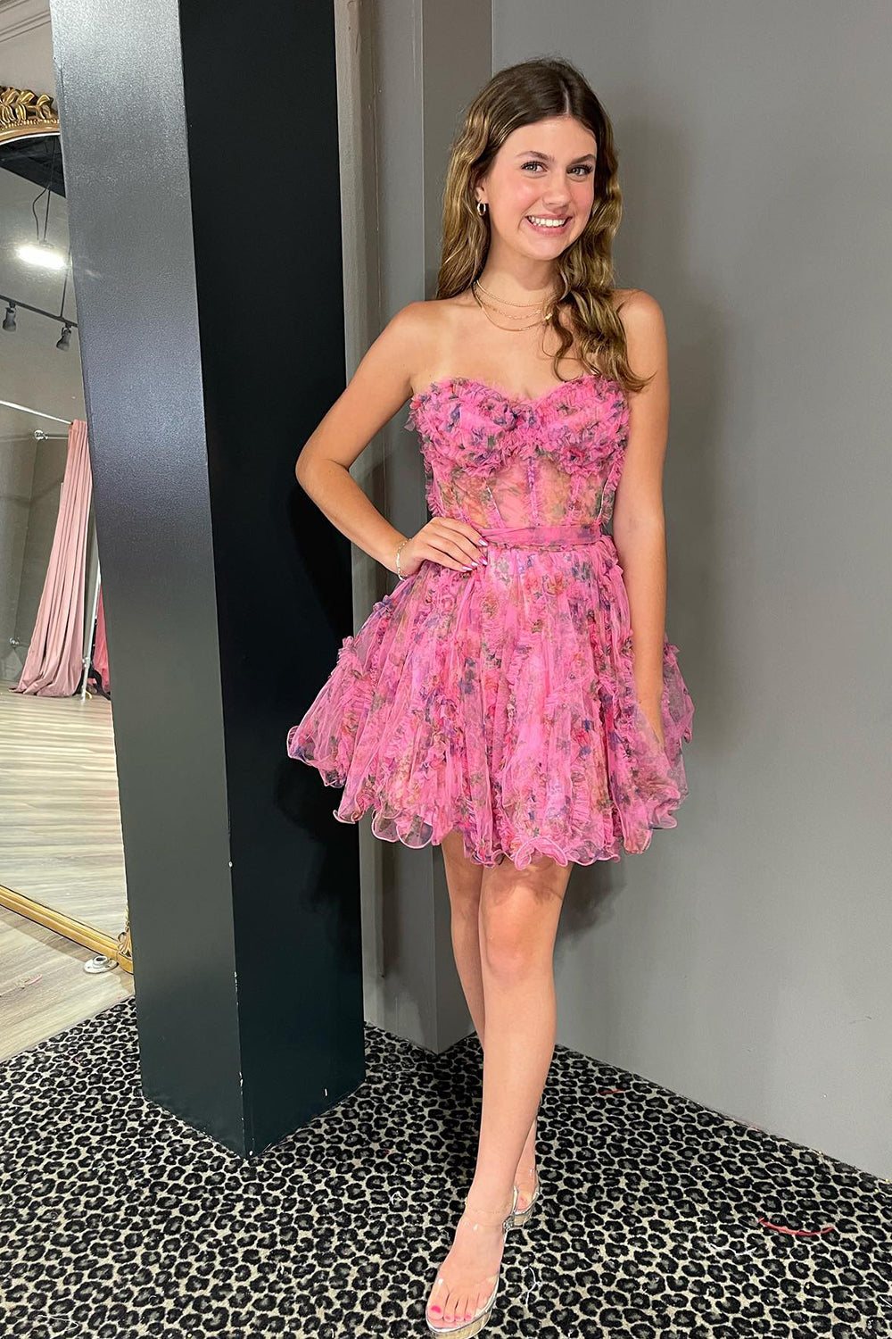 Pink Corset Sweetheart Floral A-Line Short Homecoming Dress/Mini Dress with Ruffles