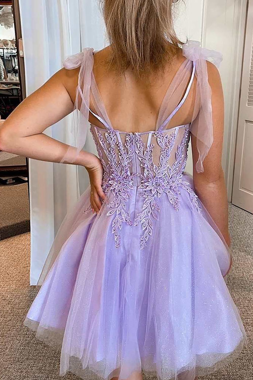 Purple Corset A-Line Tulle Short Homecoming Dress/Mini Dress with Lace