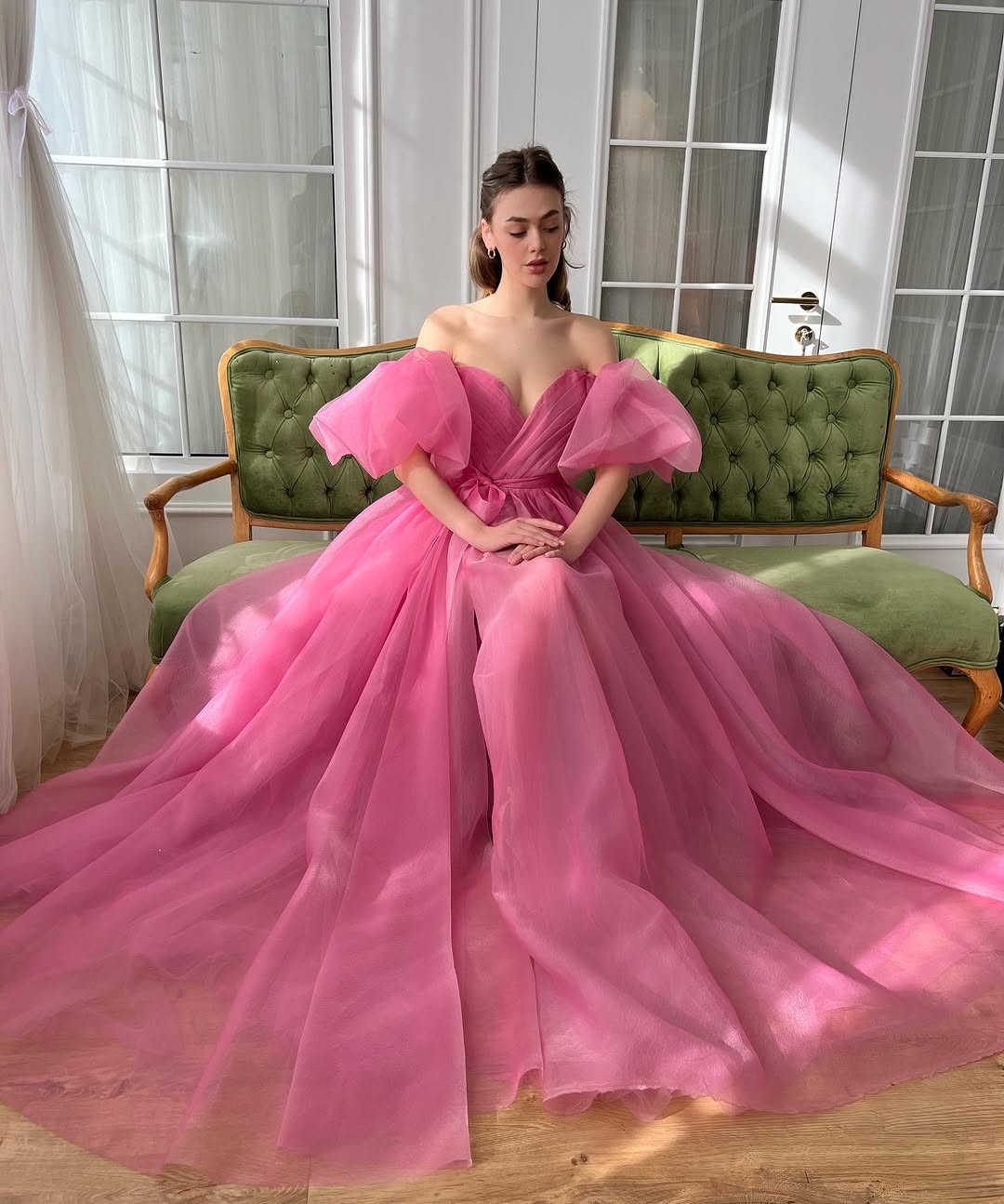 Dreamy Princess Puff Sleeves Split Evening Dress