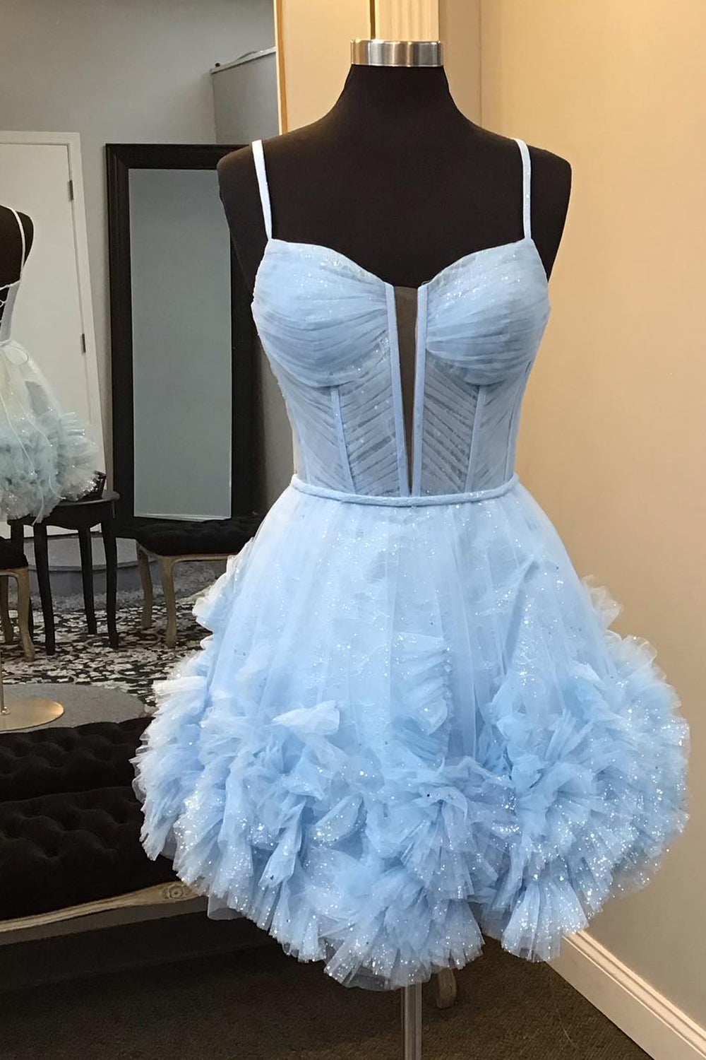 Glitter Pink Corset Tulle A-Line Tulle Short Homecoming Dress/Mini Dress With Pocket