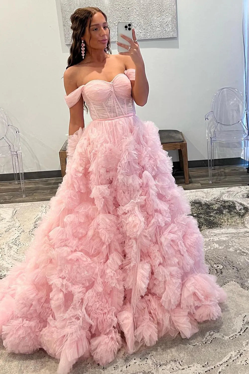 Blue Off-the-Shoulder Corset Prom Dress with Ruffles in A-Line Style