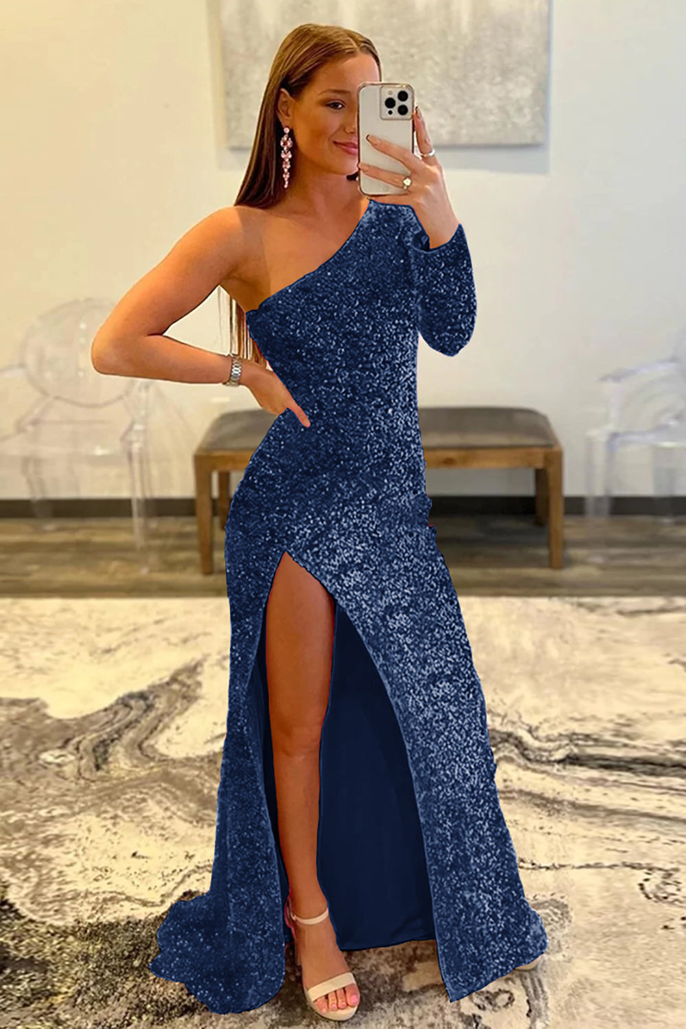 Sequined Prom Dress with a Single Shoulder in Pink