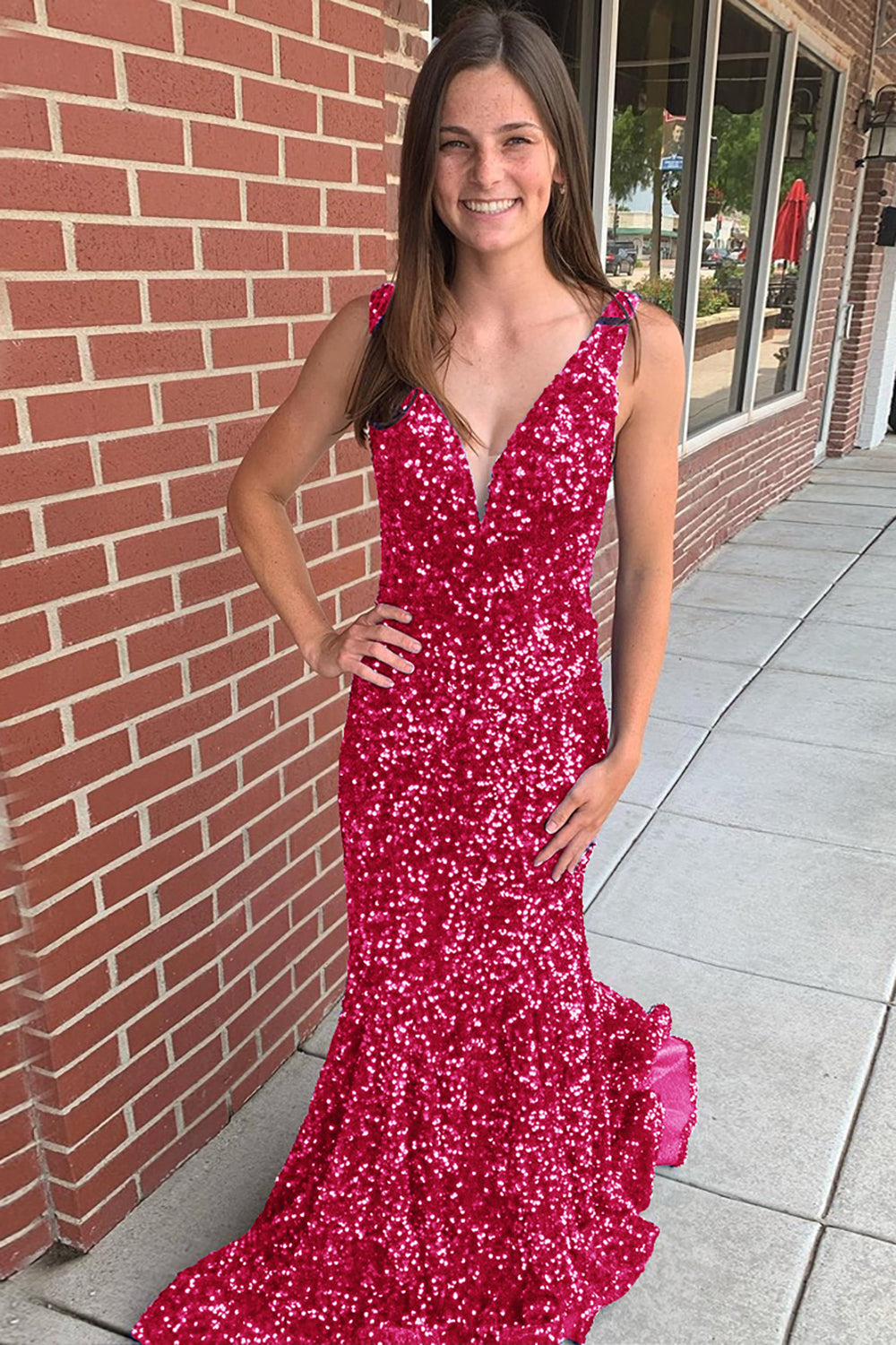 Long Prom Dress with Sequins in Mermaid Blue V-Neck