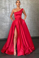 Champagne One Shoulder A-Line Long Prom Dress with Slit