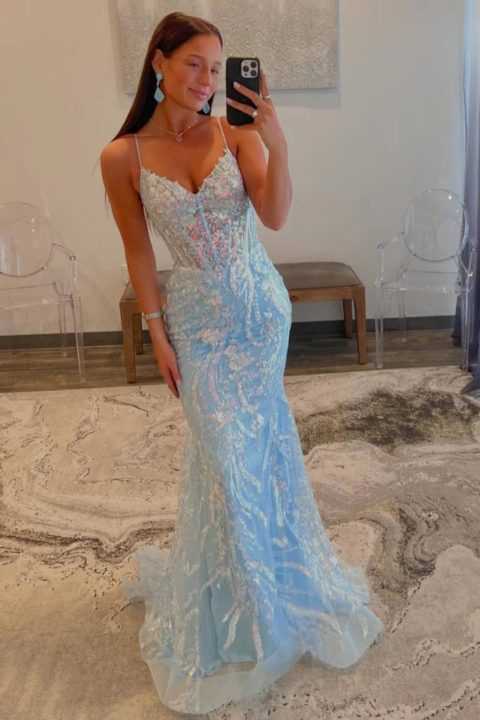 Elegant Blue Mermaid Corset Prom Dress with Sequins and Spaghetti Straps