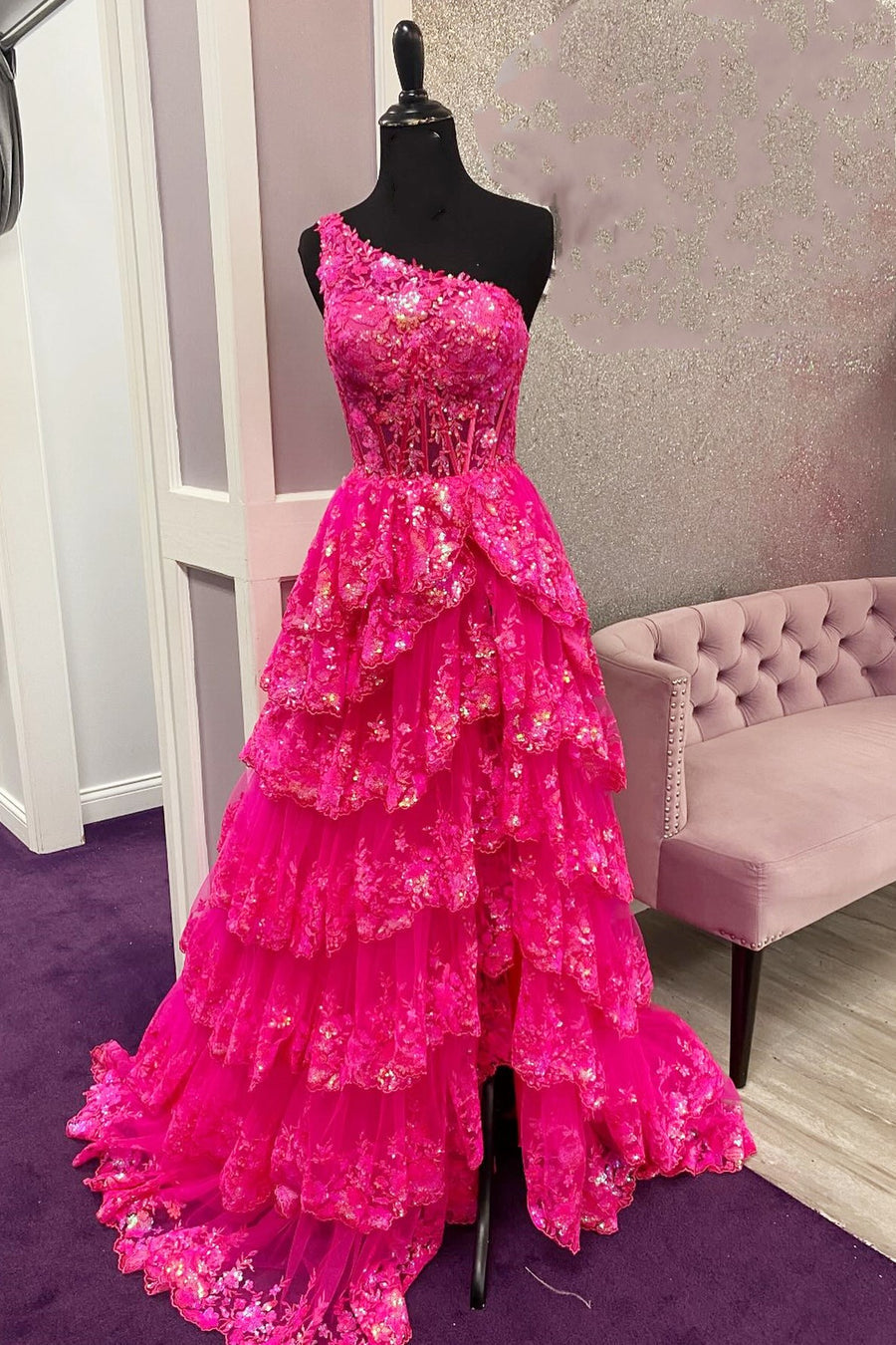 Light Purple Long Prom Dress with One Shoulder and Lace Ruffles in A-Line Princess Style
