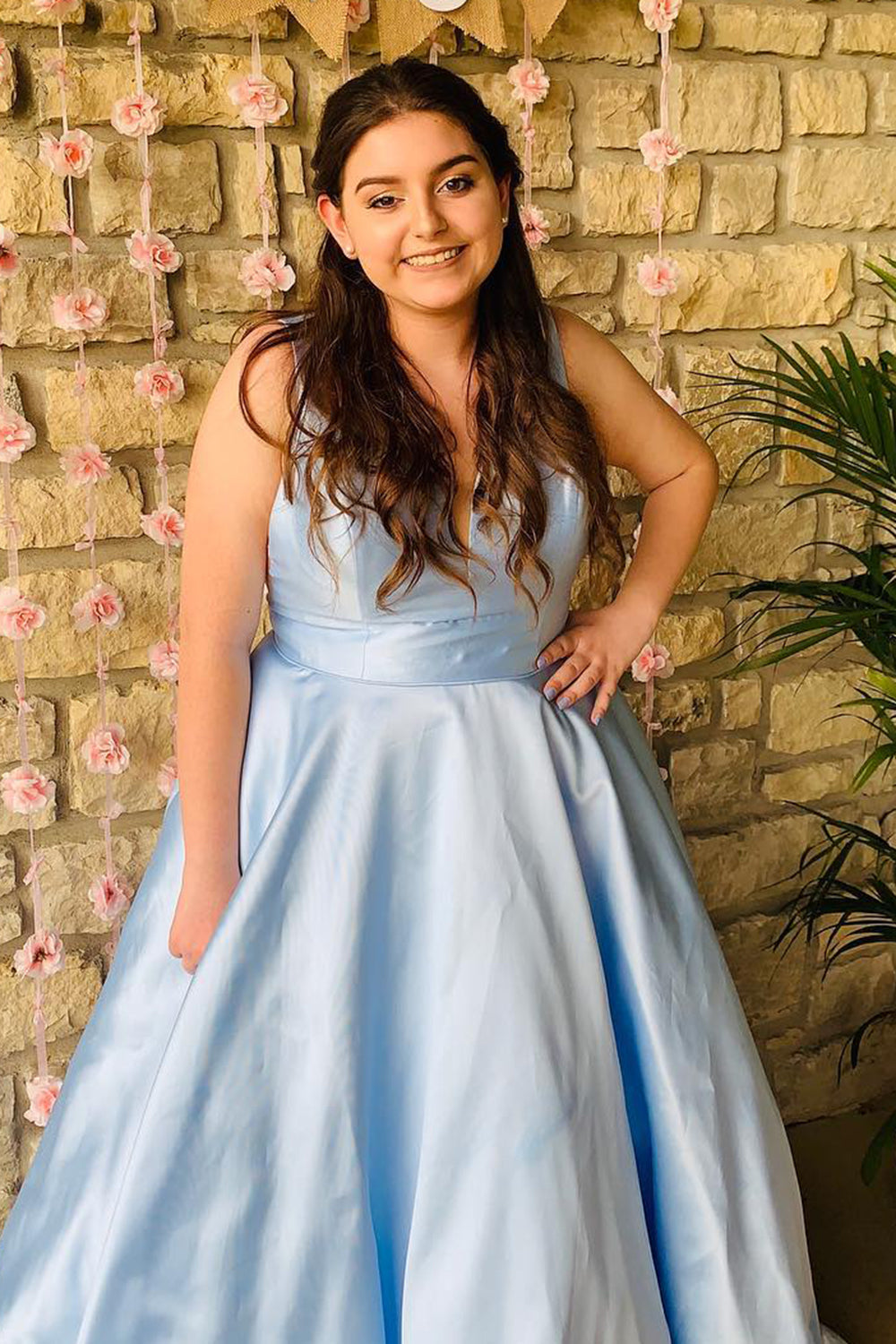 Light Blue Plus Size Prom Dress with Deep V Neckline