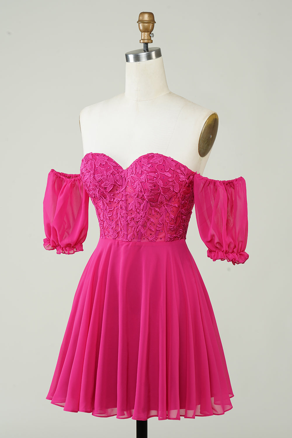 Sparkly Fuchsia Lace-Up Back A-Line Short Homecoming Dress/Mini Dress with Lace