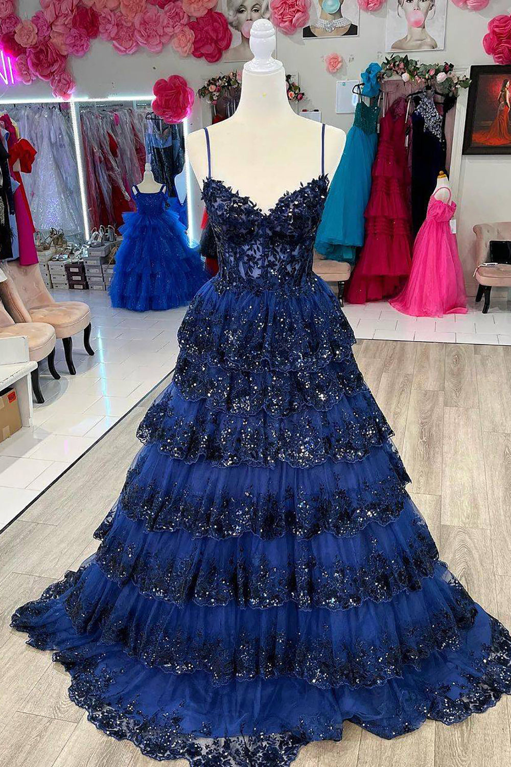 Long Corset Prom Dress in Pink with A Line Silhouette Spaghetti Straps and Sequined Tulle Tiers