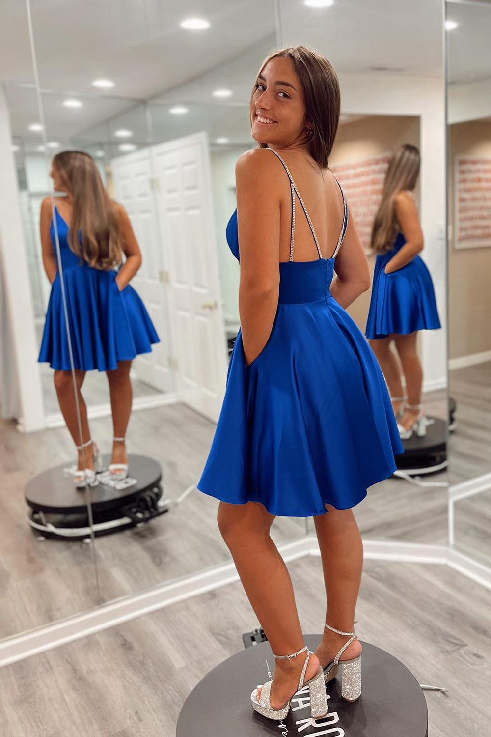 Royal Blue A-Line Spaghetti Straps Short Homecoming Dress/Mini Dress with Pockets