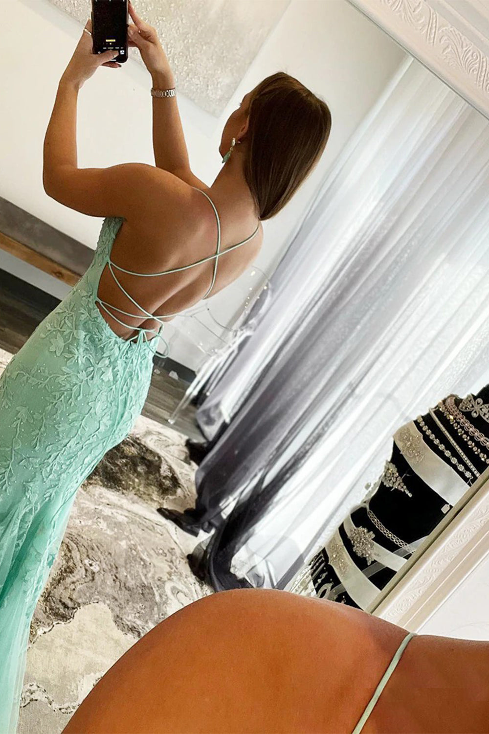 Long Blue Prom Dress with Mermaid Spaghetti Straps and Backless Design