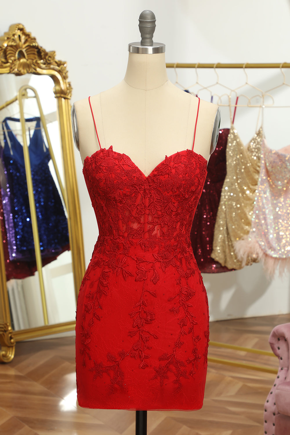Stormy Spaghetti Straps Tight Short Homecoming Dress/Mini Dress with Appliques