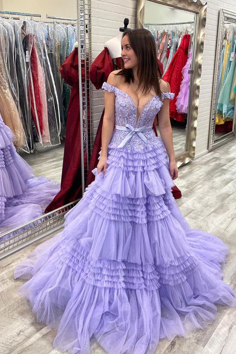 Lilac Long Prom Dress with Ruffles 鈥?Off-the-Shoulder A-Line Princess Style
