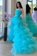 Sky Blue Long Prom Dress with Criss Cross Back in High Low Strapless Style