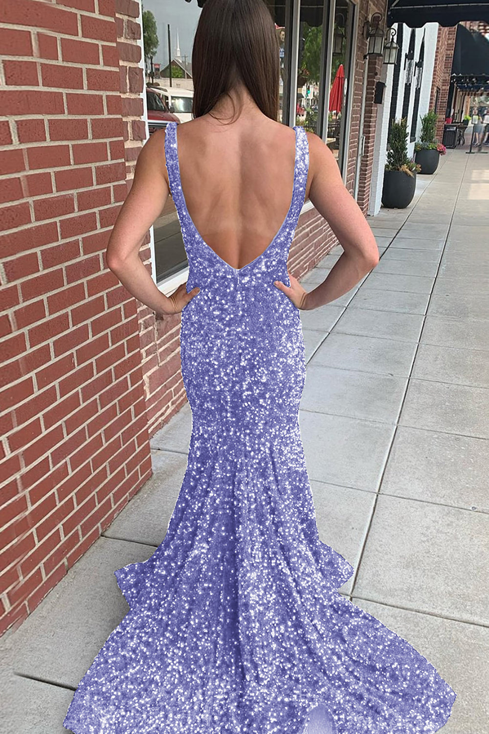 Long Prom Dress with Sequins in Mermaid Blue V-Neck