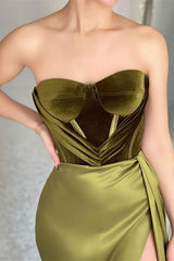 Olive Green Mermaid Strapless Evening Dress With Split