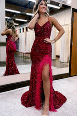 Long Black Sequined Prom Dress with Spaghetti Straps and Front Split
