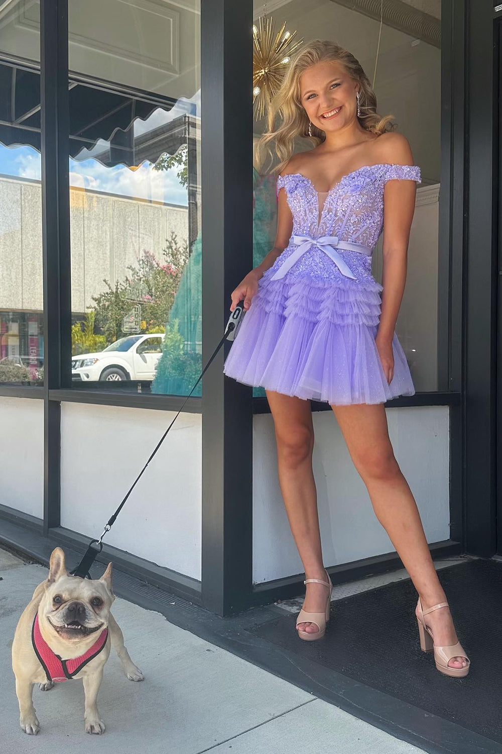 Sparkly Pink Tiered A-Line Tulle Short Homecoming Dress/Mini Dress with Lace