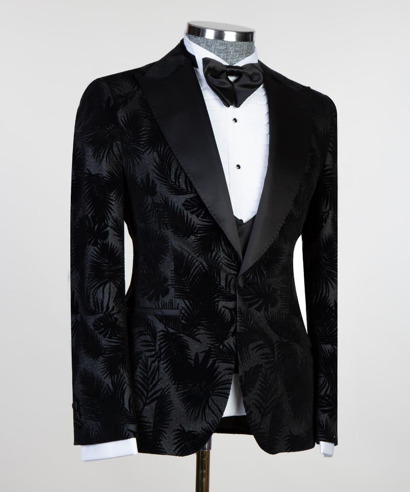 David Modern Black Peaked Lapel Jacquard Three-Piece Men's Suits