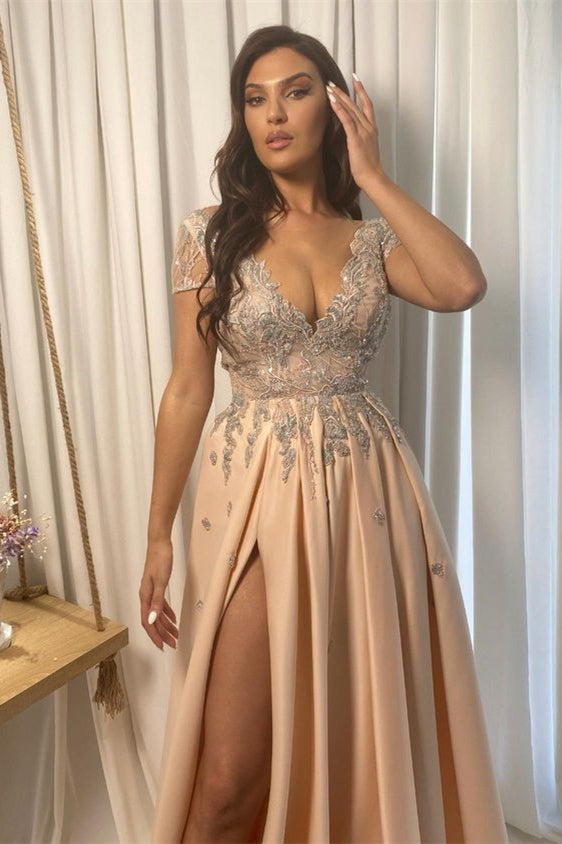 Formal V-Neck Short Sleeves Split Evening Dress With Appliques