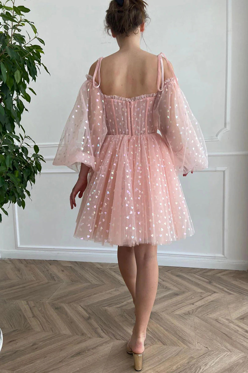A Line Off the Shoulder Blush Short Homecoming Dress/Mini Dress with Long Sleeves