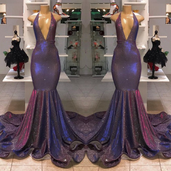 Halter V-Neck Mermaid Evening Dress With Sequins
