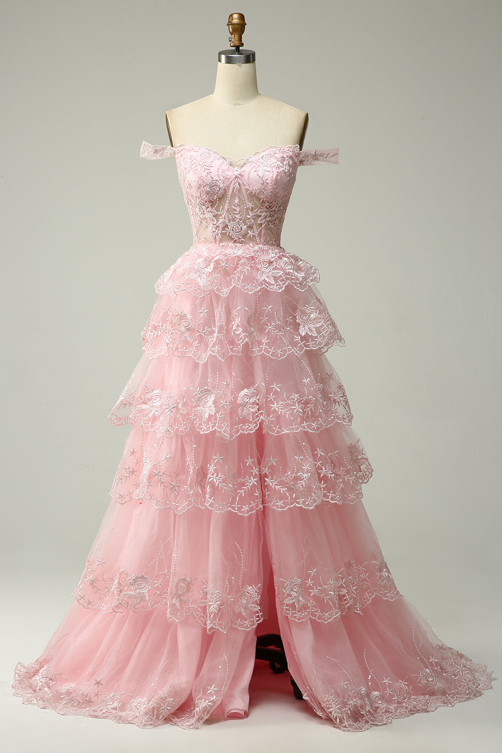 Long Tiered Off-the-Shoulder Corset Prom Dress in Fuchsia with Sequins for Princesses