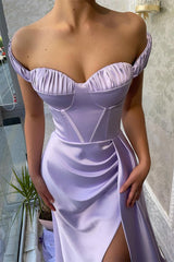 Stunning Lilac Off-The-Shoulder Slit Evening Dress Long With Ruffle