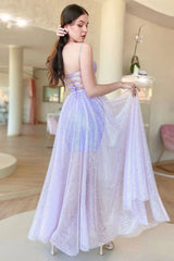 Lilac corset prom dress with spaghetti straps and a criss-cross back in A-line silhouette