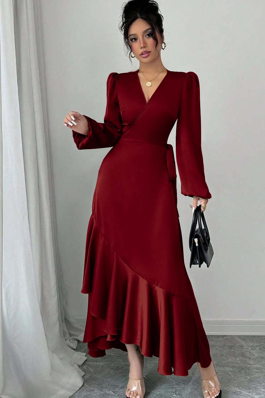 Shinning Long Sleeves V Neck Long Formal Dress With Ruffles Pleated