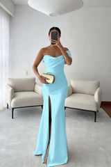 One Shoulder Sleeveless Long Mermaid Formal Dress With Split Pleated