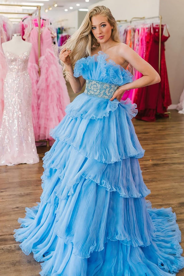 Long Blue Strapless Prom Dress with Beading in Princess Tulle