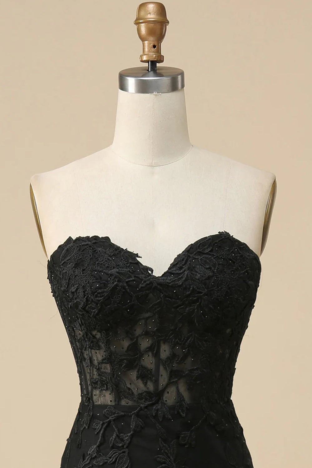 Long Black Sweetheart Corset Prom Dress Featuring Lace and a Slit