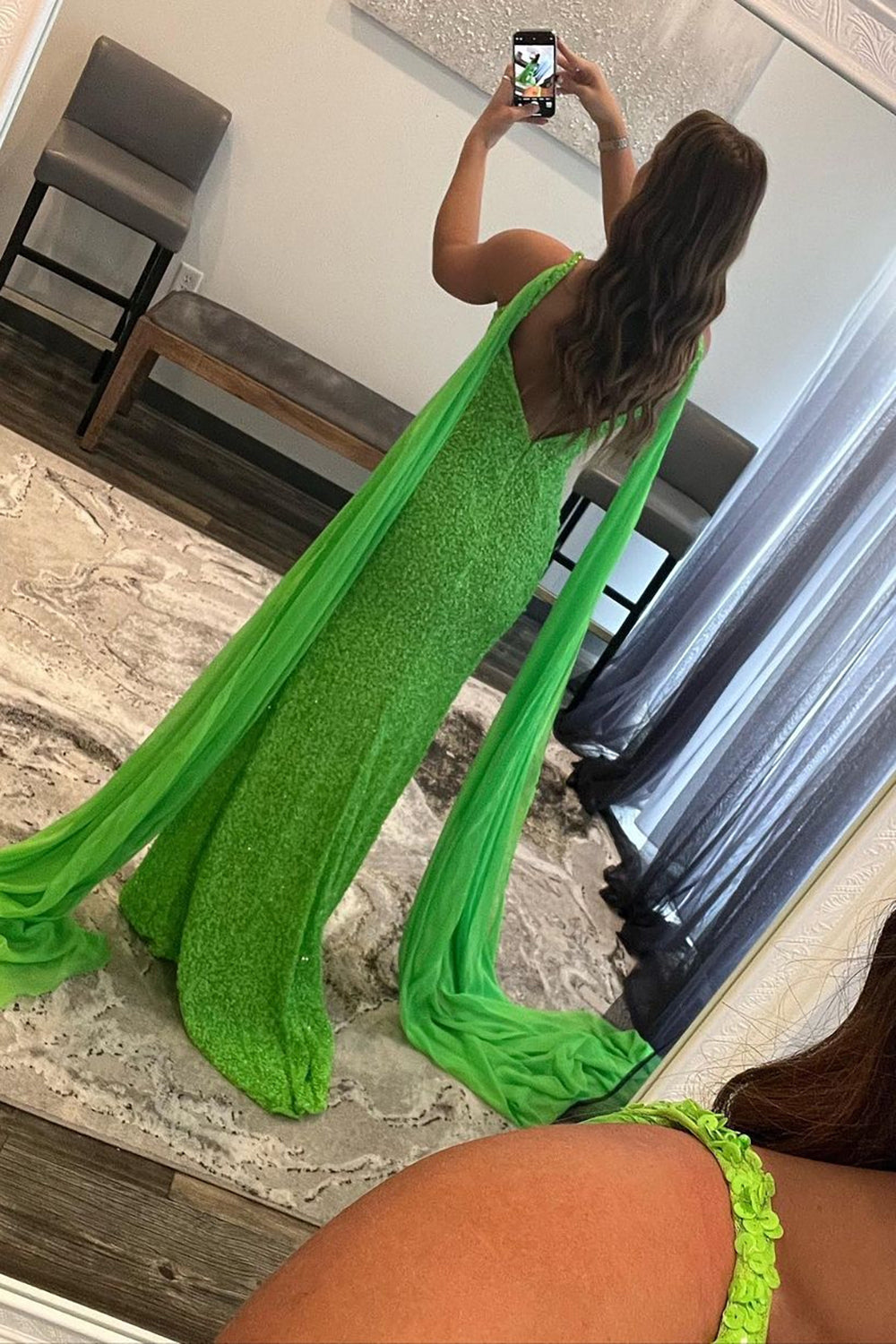 Long Sequined Prom Dress with Orange Watteau Train