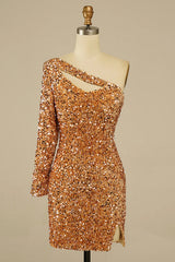 Golden Cut Out Open Back One Shoulder Sequins Homecoming Dress/Mini Dress
